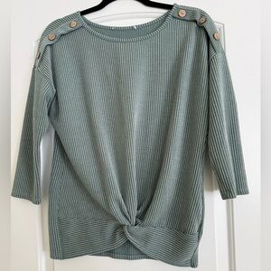 Ribbed Knit Twist Front Top Green Medium Button Shoulder Long Sleeve